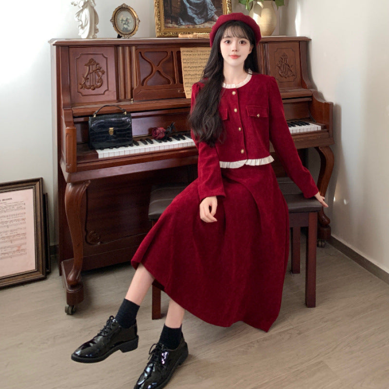 Autumn and winter small fragrant style suit skirt slim top large size fat mm French red corduroy half dress