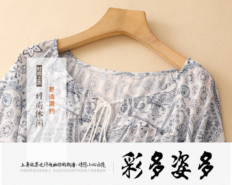 2025 summer new blue island print loose ethnic retro color short-sleeved shirt top women