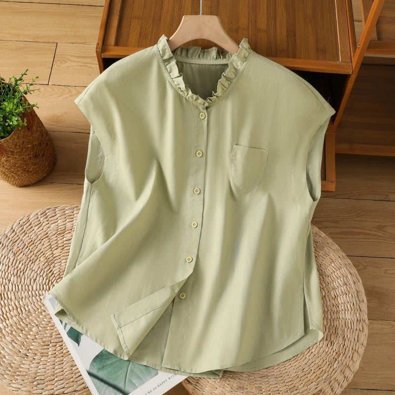 Real shot 2025 summer new cotton and linen large size age-reducing fungus edge casual thin shirt top women