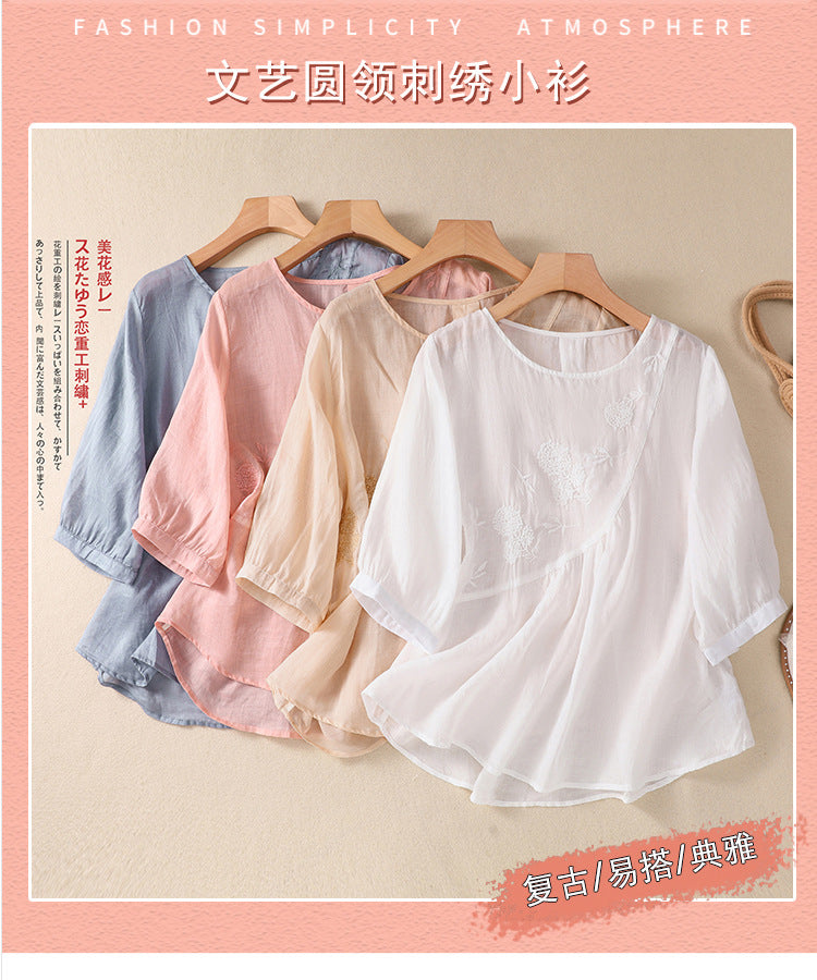 Real shot 2024 summer new literary loose cotton and linen embroidered flower round neck short-sleeved T-shirt women's top #9055