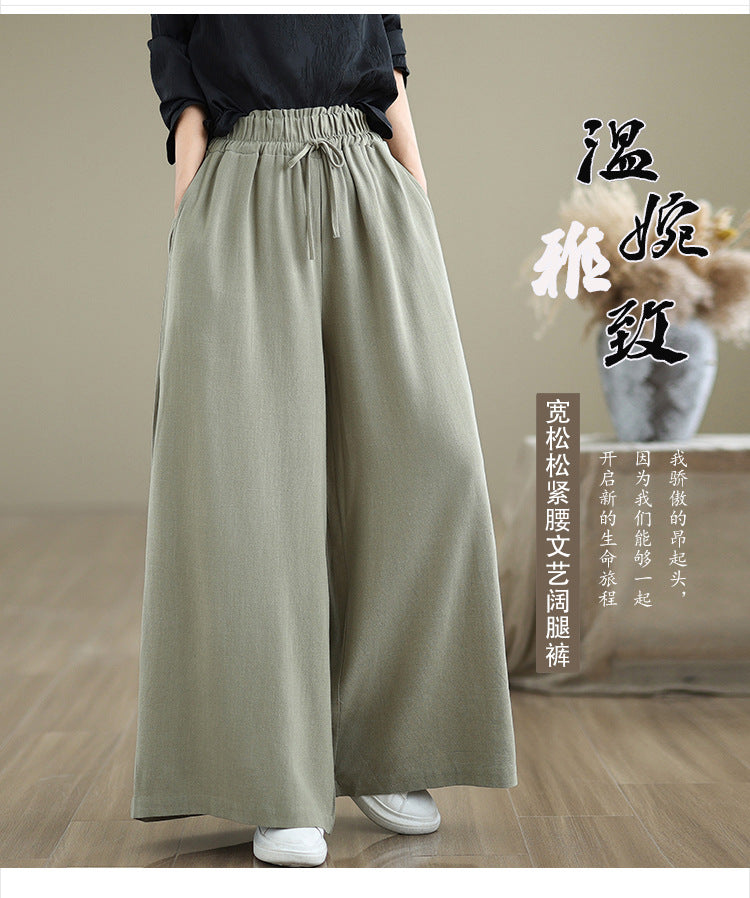 Real shot 2025 summer new cotton and linen loose and simple casual wide-leg pants elastic waist lace-up straight pants women
