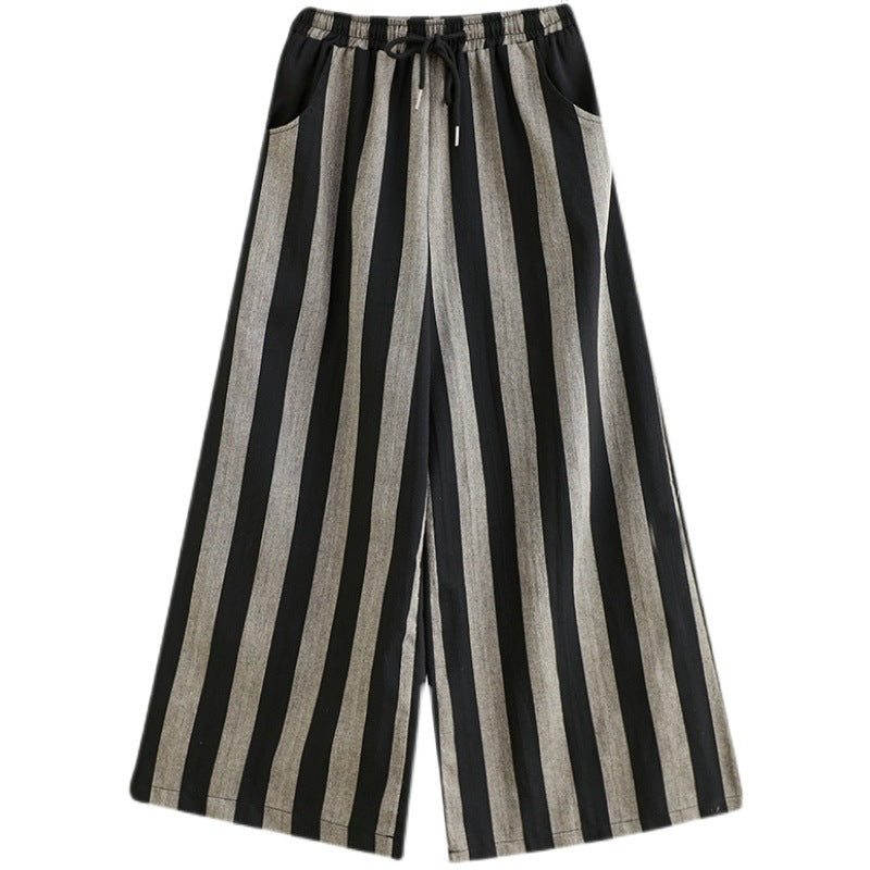 Real shot 2025 spring new retro literary loose striped elastic waist wide leg pants casual trousers women 8247