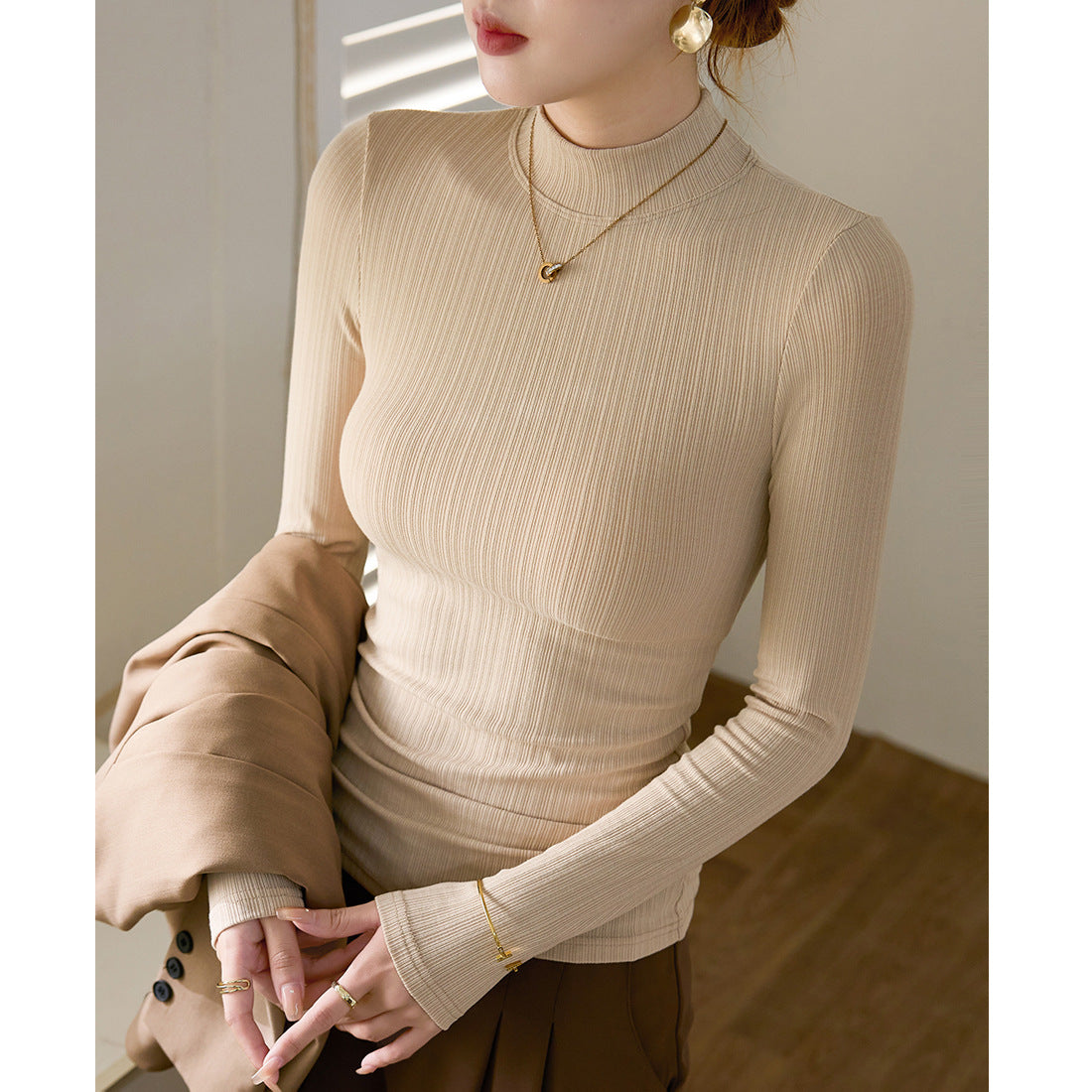 Premium Threaded Stand-Up Neck T-Shirt Women's Long Sleeve 2026 Autumn and Winter New Skinny Sexy Slim Top Tights Bottom Shirt