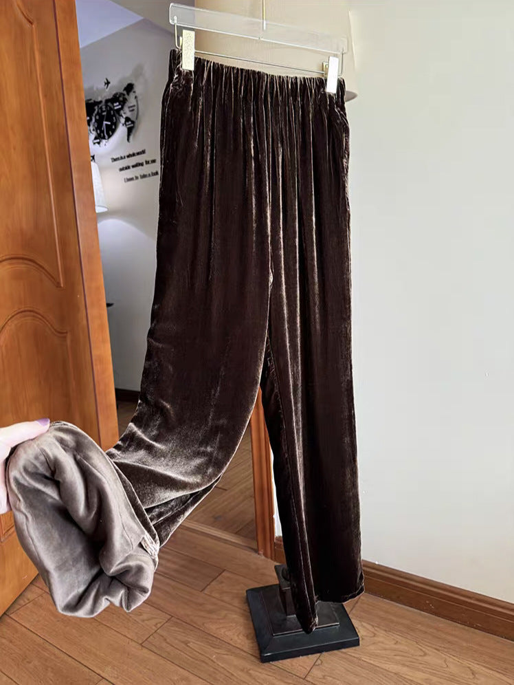 Spring and Autumn Lady Silk Velvet Wide Leg Pants! Autumn and Winter High Waist Skinny Temperament Warm Noble Straight Pants Long Pants