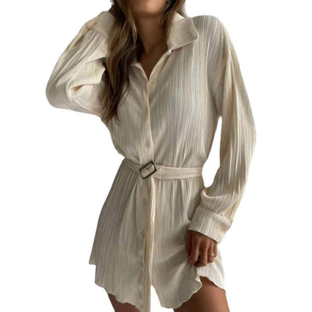 Cross-border Amazon 2025 Women's New Shirt Collar Fashion Women's Elastic Waist Pleated Long Sleeve Lace-Up Dress