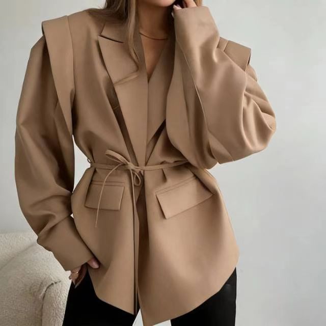 Amazon 2025 autumn and winter new cross-border European and American fashion waist thin lace-up loose versatile v-neck coat women