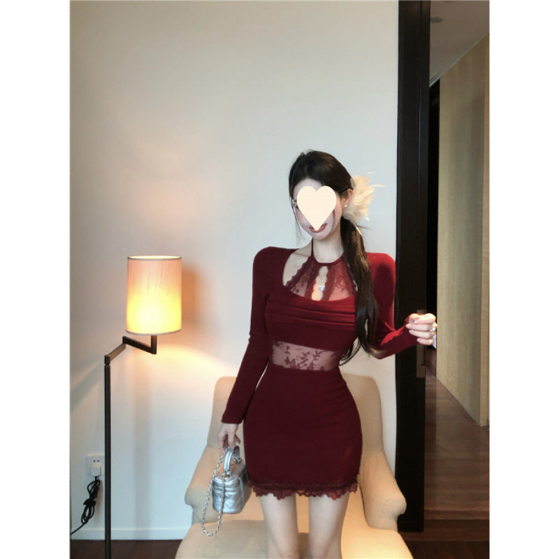 Pure desire wind lace splicing neck hanging casual foreign style dress women's spring temperament waist hip short skirt base skirt