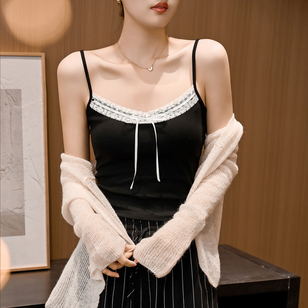 Select Threaded Cotton Lace Bow Strap Spice Girl Suspender Vest Women's Pure Beauty Back Inner Top