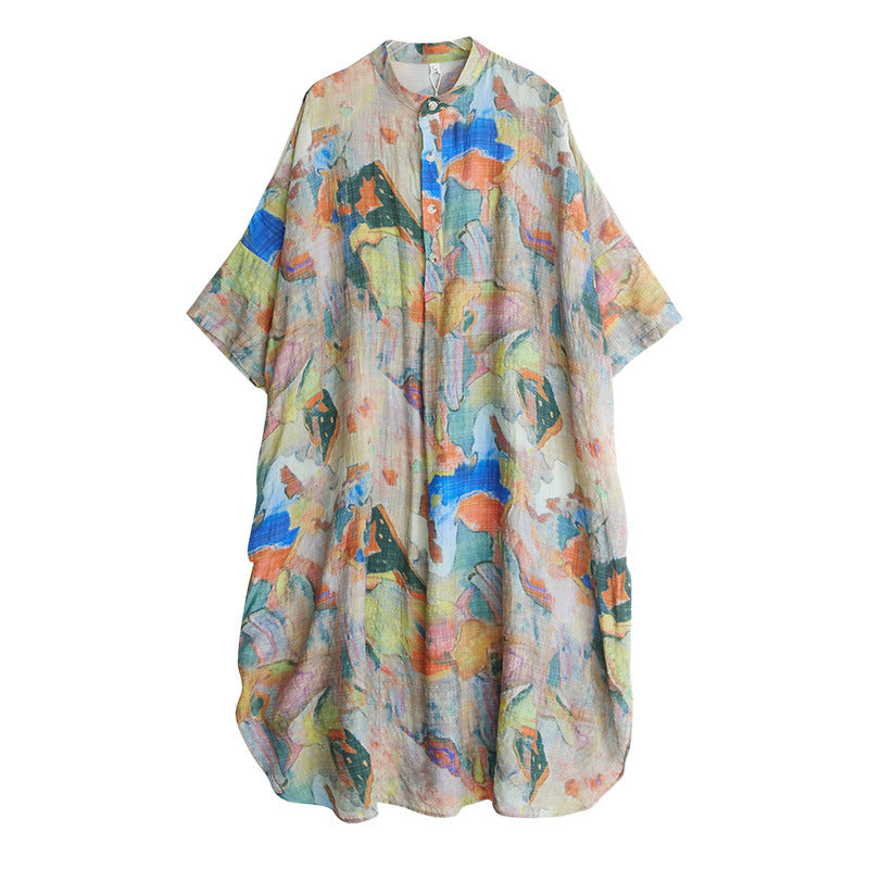 Real shot 2025 summer new literary large size loose printing stand-up collar seven-quarter sleeve dress women's long dress 2229