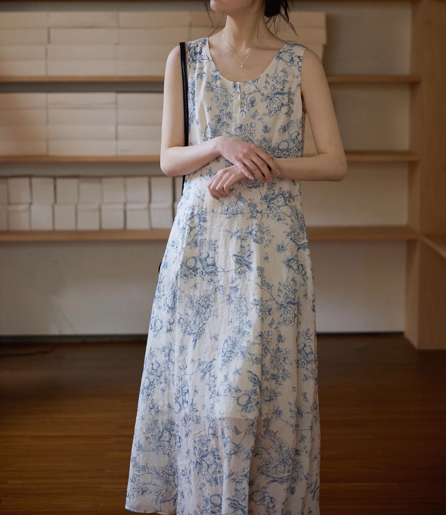 Natural ramie hand-painted print elegant sleeveless vest dress French skirt women's summer