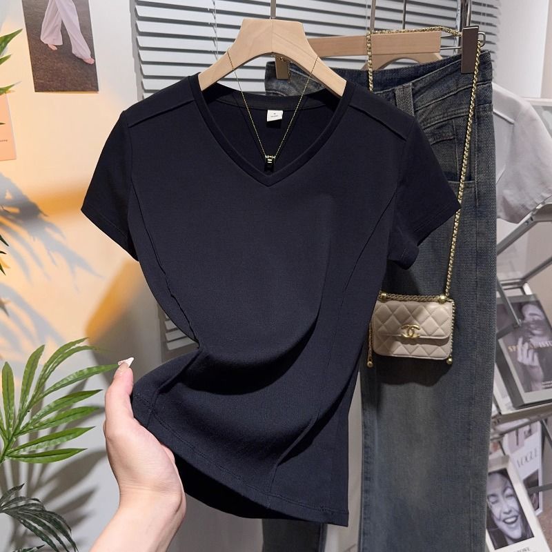 High-end fish bone pattern V-neck T-shirt for women's 2025 new short-sleeved European products, cold silk, cool temperament, thin and chic top