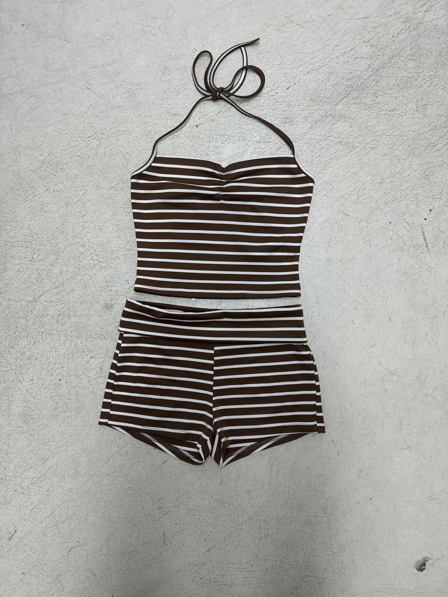 American foreign trade sports style striped two-piece set pleated one-word neck vest + low-waist flanged hip pants