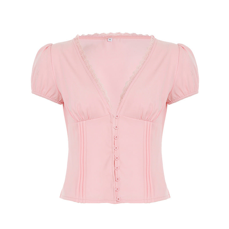 European and American light and mature style V-neck lace design single-breasted short-sleeved temperament slim and thin short bubble sleeve top T-shirt