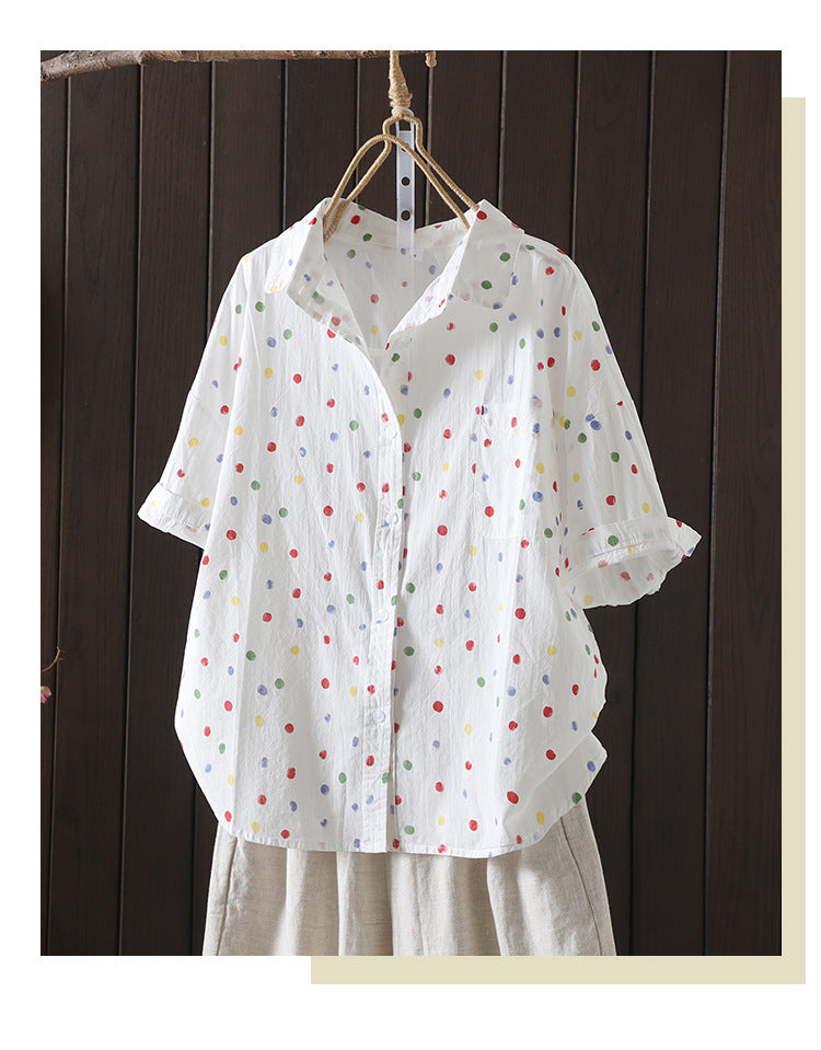 Real shot 2024 summer new literary and retro loose and thin printing casual age-reducing short-sleeved shirt top women