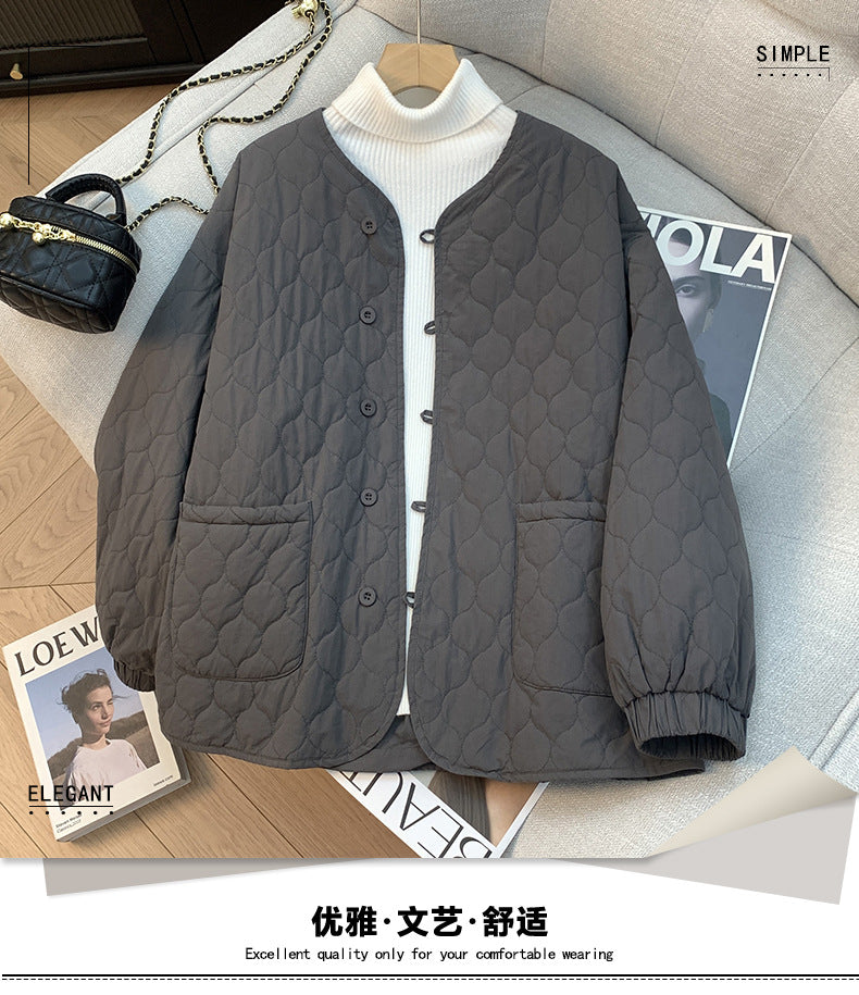 Literary and retro gourd grid fluffy coat for women in the autumn and winter of 2025, loose cotton-padded Mori sweet solid-color cotton clothes