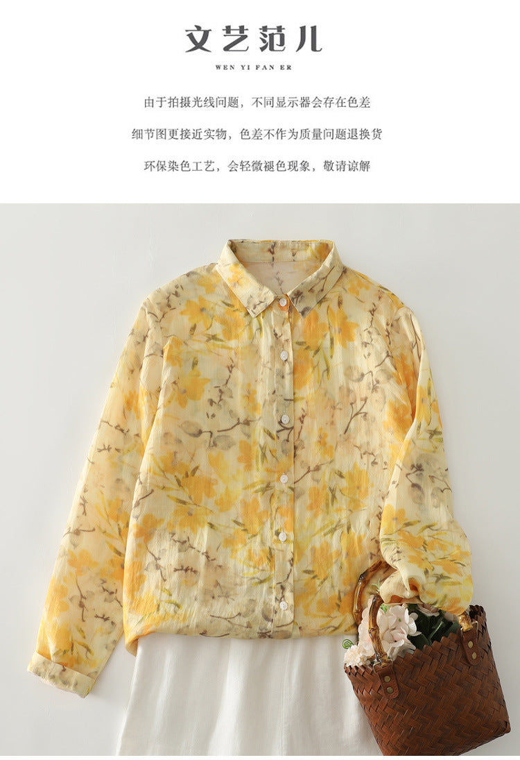 Real shot 2025 autumn new yellow floral French literary loose printing shirt top women