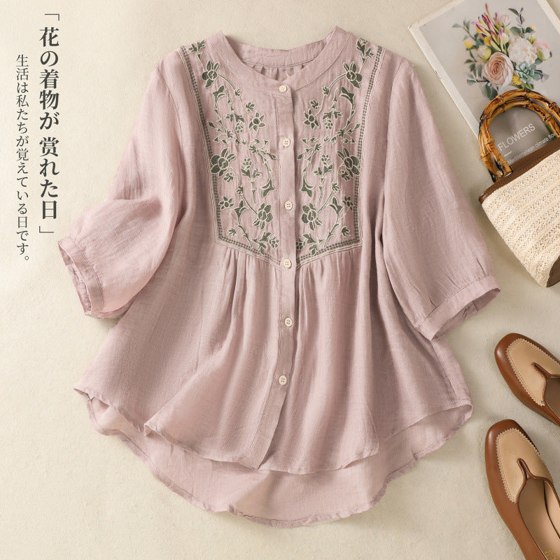 Real shot 2025 summer new cotton and linen literary retro embroidery stand-up collar single-breasted shirt embroidered top women