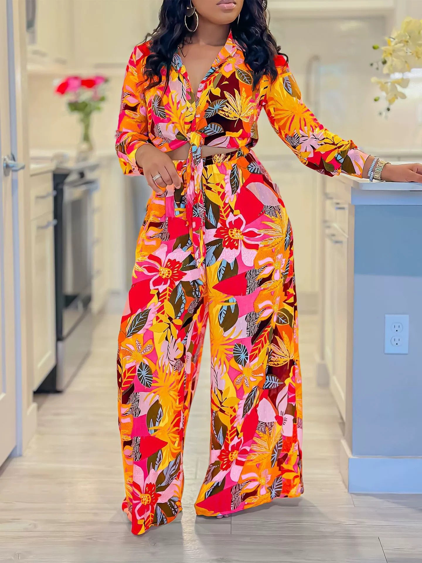 2025 foreign trade women's clothing Amazon's new fashion printing two-piece set lapel strap shirt wide-leg pants set