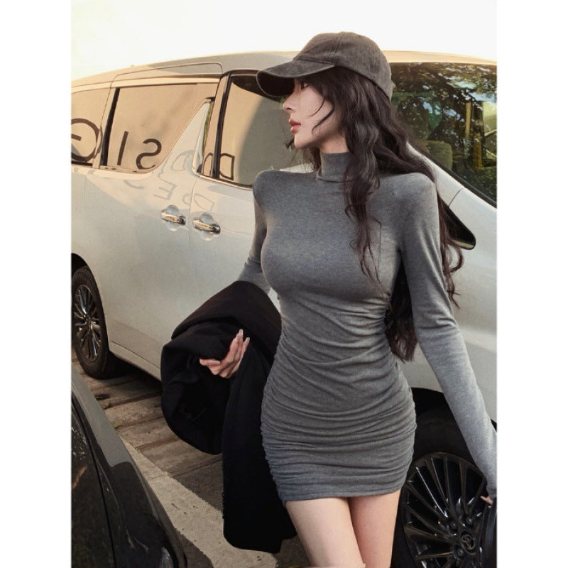 Spice Girl Semi-turtleneck Long Sleeve Dress Women's Autumn and Winter Slim-Fit Hip Wrap Skirt Inner Bottom Skirt Pure Desire Short Skirt