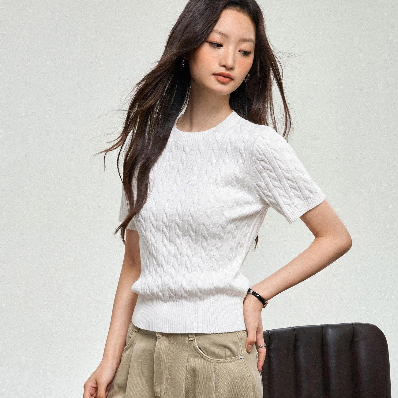 100% cotton knitted sweater women's summer new temperament high-end sense thin twist thin short-sleeved crew neck top thin