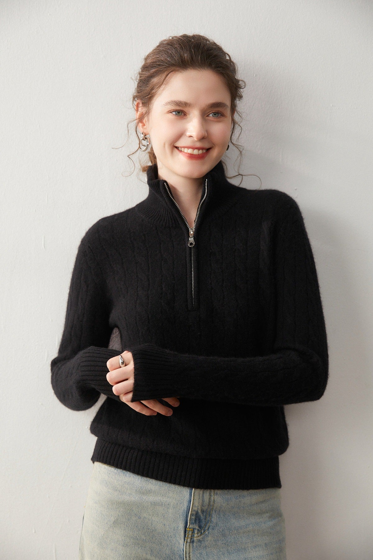 Stand-up collar half-zipper cashmere sweater women's autumn and winter pullover turtleneck twist sweater thickened wool knitted bottoming shirt outer wear