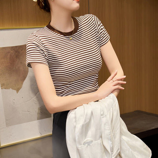 #260G combed cotton #striped T-shirt women's 2026 summer new high-waisted short contrasting color foreign style short-sleeved top