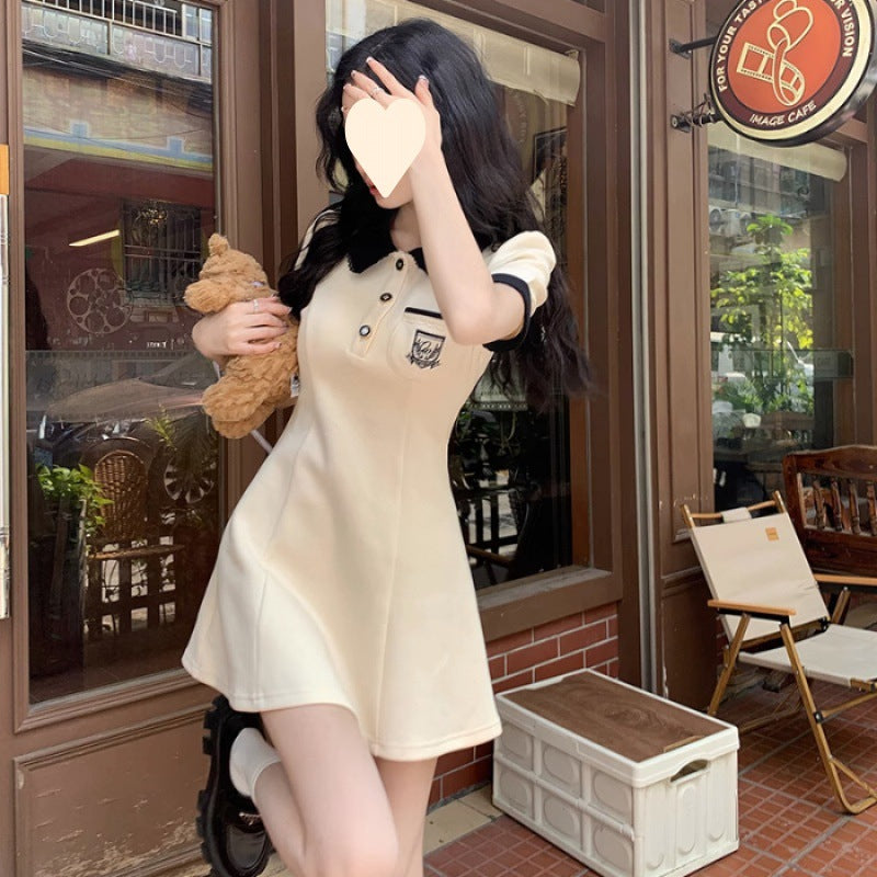 College style sweet polo dress summer women's small skirt waist slim slim black temperament skirt