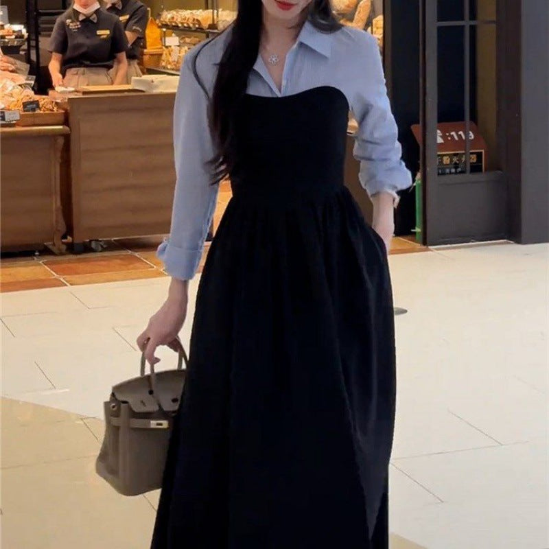 Large size early autumn new women's clothing fake two-piece shirt black long-sleeved dress, high-end matching, a complete set