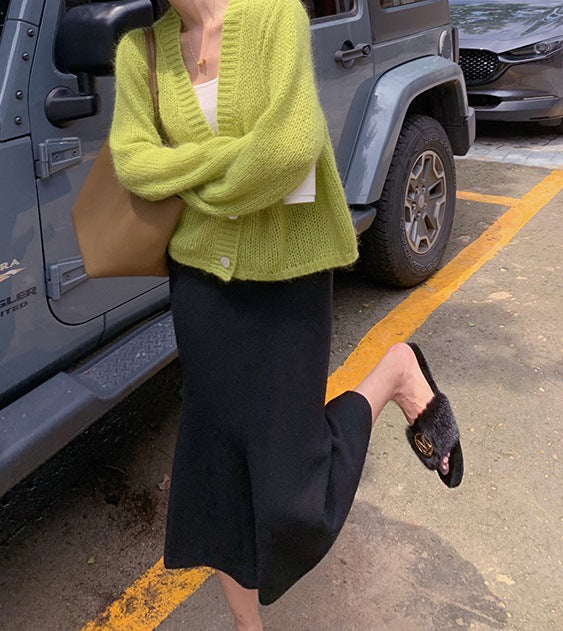 Transitional season knitted, soft cardigan lazy mohair small coat women's early autumn long-sleeved top