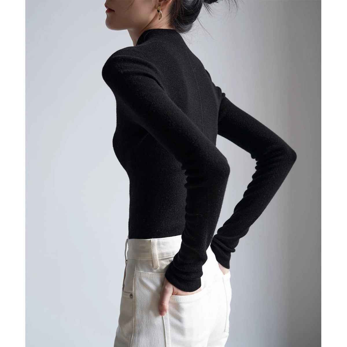 SHALLOW STREAMS autumn and winter seamless one-piece dark gray semi-turtleneck wool knitted sweater women's bottoming shirt top