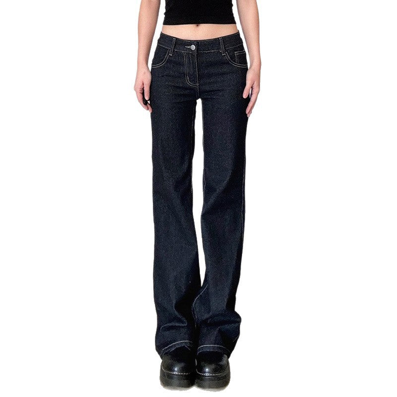 ins street style retro dark blue letter embroidered low-rise slim-fitting jeans temperament commuter versatile casual pants