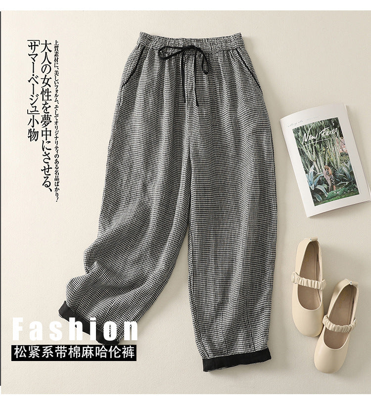Real shot 2025 summer new casual loose cotton and linen plaid elastic waist Harlan pants nine-point pants women's #2615