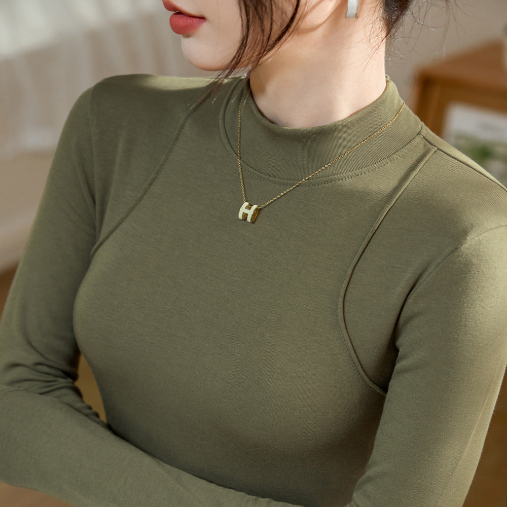 Three-dimensional line polished thin velvet threaded cotton bottoming shirt women's autumn and winter new thin long-sleeved T-shirt versatile top