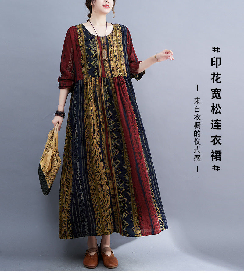 Real shot 2023 early autumn new retro age-reducing ethnic style round neck long-sleeved pendulum dress women #125