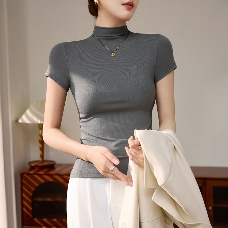 Straight shoulder short summer wear Korean base shirt short-sleeved T-shirt women's 2025 slim slim and sweet and spicy top