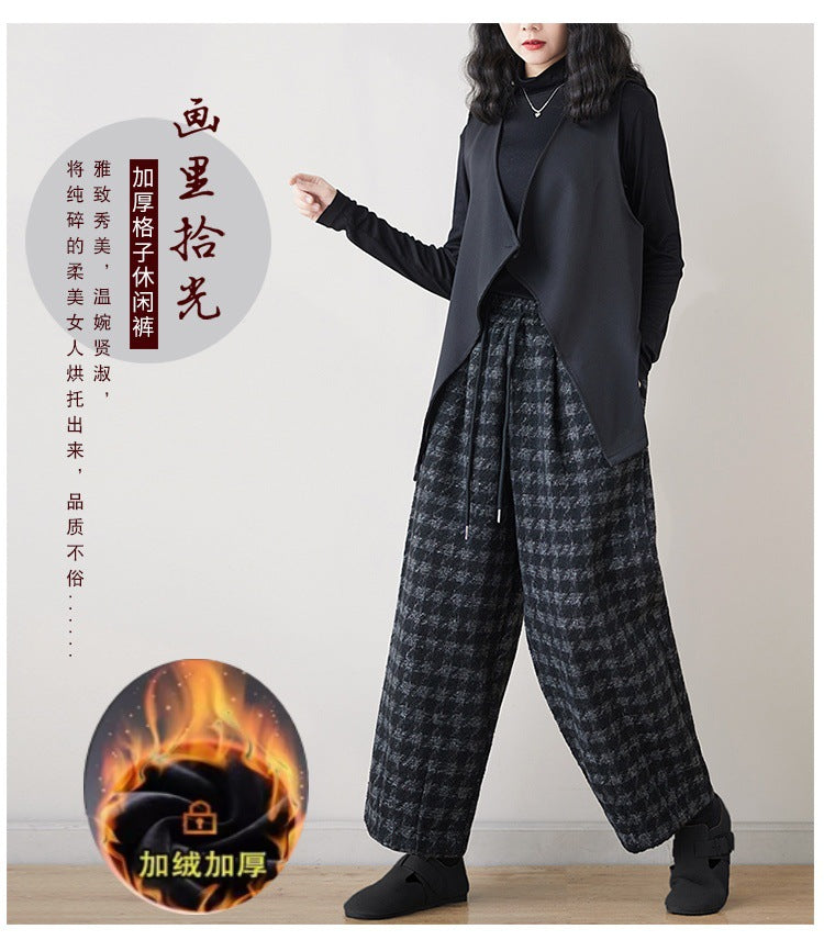 Real large-size casual pants in the winter of 2025, new velvet, thickened and thin, loose plaid cotton pants for outer wear