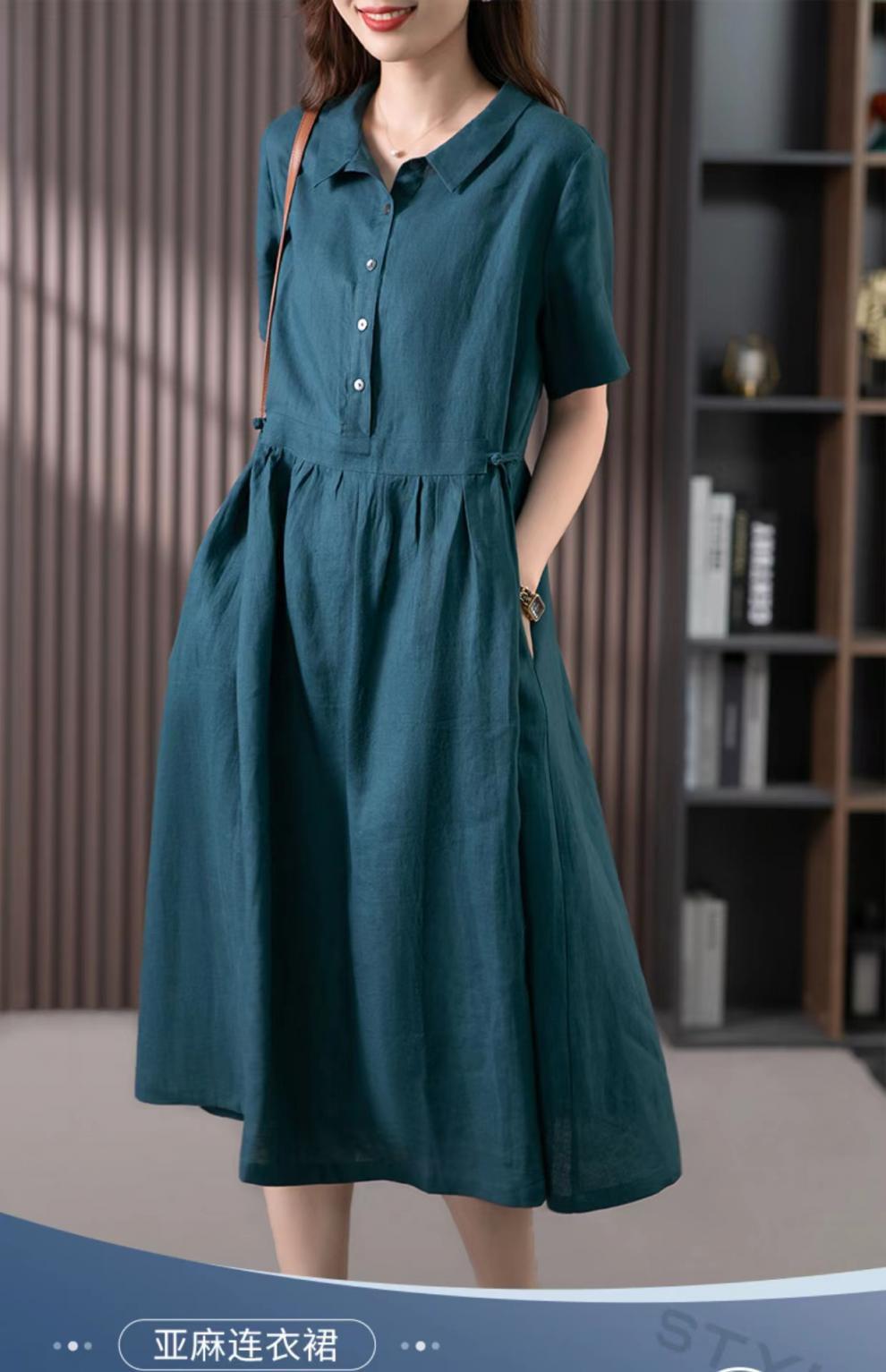 2024 summer new literary loose splicing solid color cotton and linen lapel short-sleeved dress women's medium and long #6536