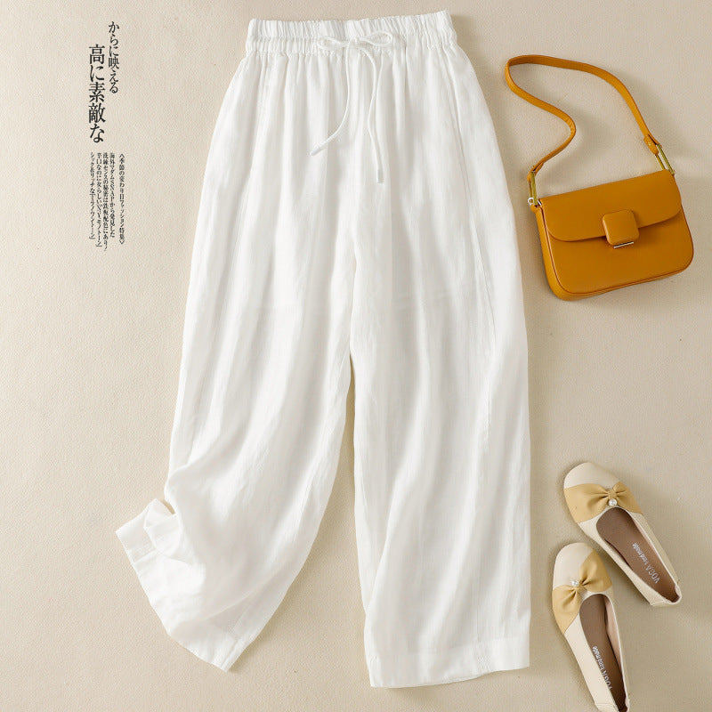 Real shot 2025 summer cotton and linen scimitar pants lace-up loose casual and thin literary pants women