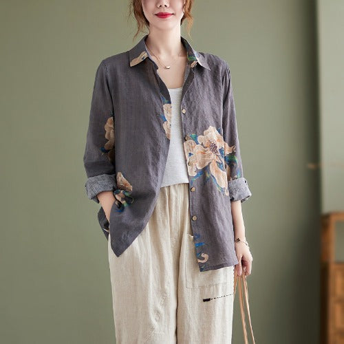 Real shot, spring 2025 new literary loose printing lapel long-sleeved shirt women's shirt top #8168