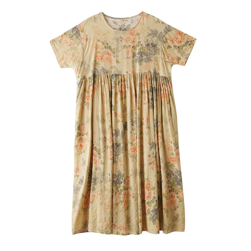 2025 summer new simple bohemian long dress fattened and enlarged short-sleeved crew neck printed dress women's clothing