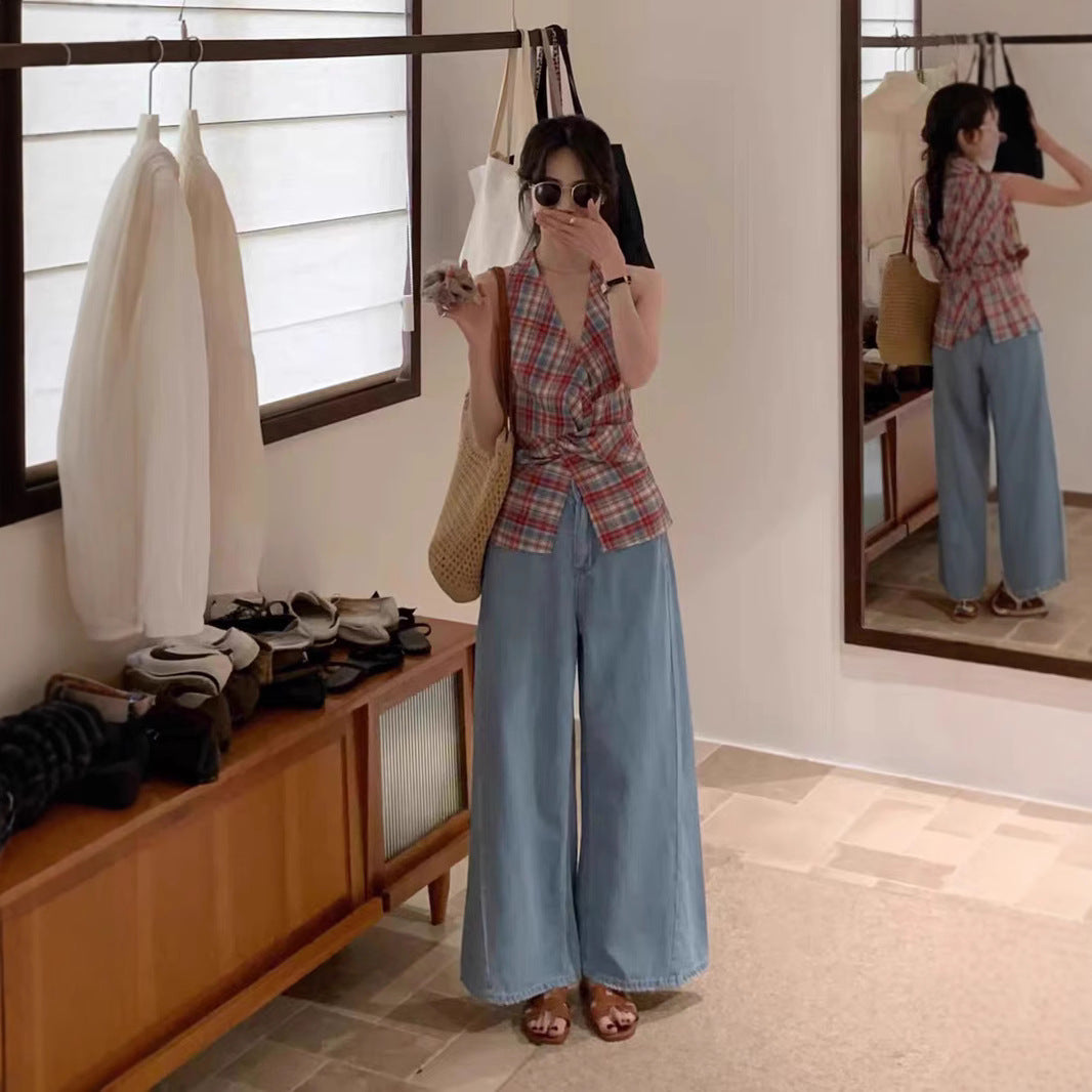 Korean plaid kink sleeveless halterneck vest women's 2025 summer new versatile V-neck waist top