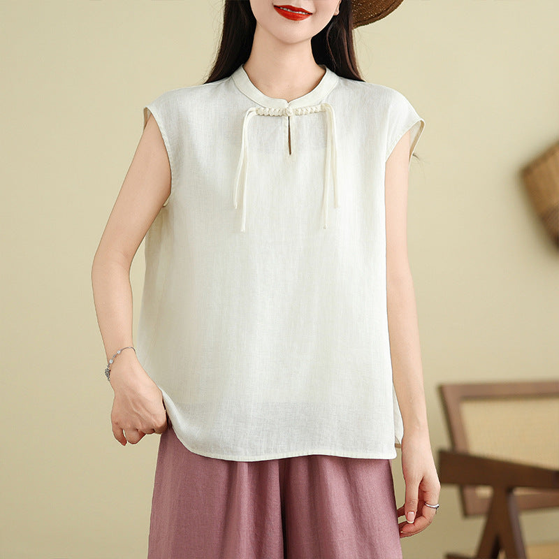 Real shot 2025 summer new literary loose solid color stand-up collar buckle pullover short-sleeved T-shirt women's top #759