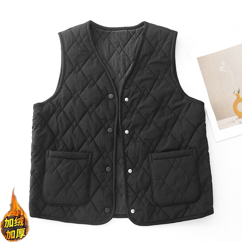 Real shot V-neck vest 2025 winter new women's sleeveless double pocket simple single-breasted vest top