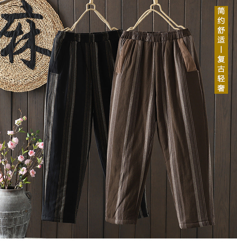 Real shot 2025 autumn and winter new literary loose vertical stripe casual padded cotton warm Harlan pants cotton pants outer wear