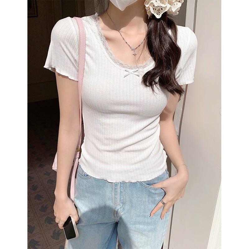Ballet style pure lace U-neck T-shirt women's 2026 summer new retro short-sleeved curled edge bottoming shirt top