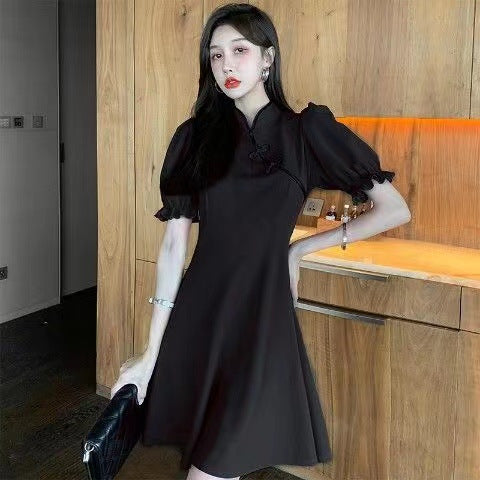Improved version of cheongsam black dress women's medium and long waist thin a-word skirt bubble sleeves high waist temperament skirt