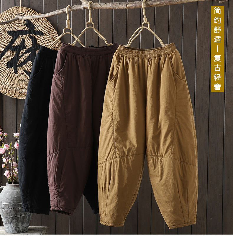 Real shot 2025 autumn and winter retro thickened cotton pants elastic waist warm padded casual pants Harlan trousers women's clothing