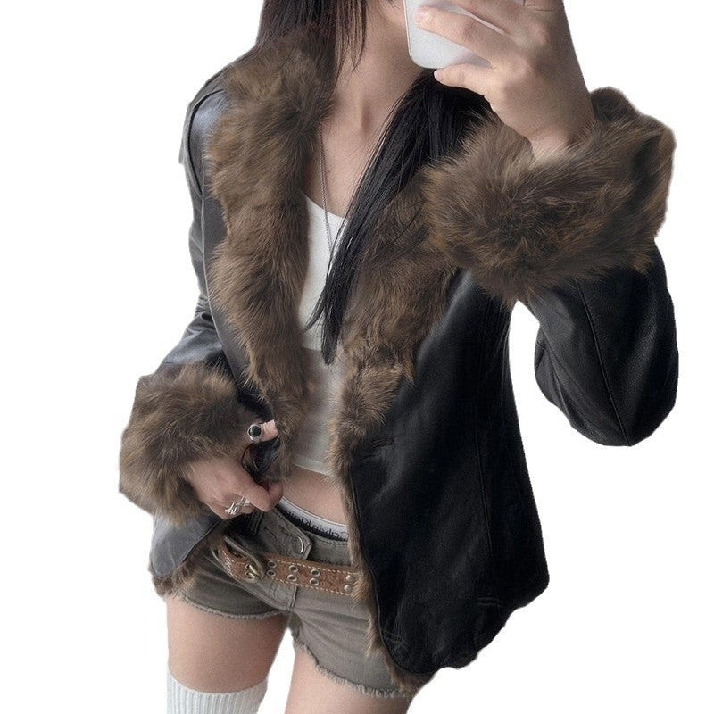 American winter new fur collar V-neck spliced leather jacket street hottie fashion slim fit warm jacket