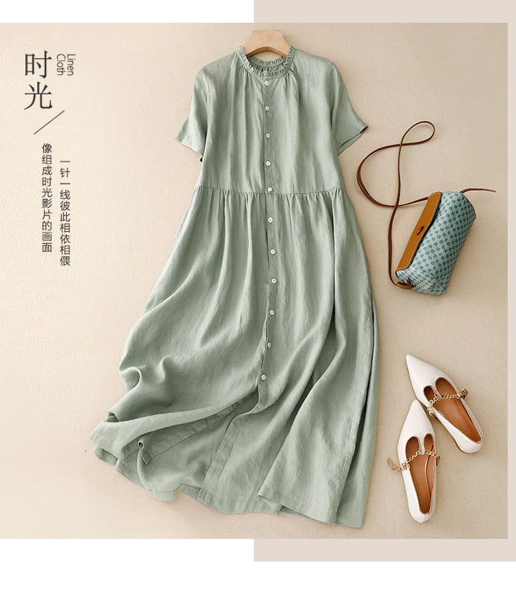 Real shot 2025 summer new literary loose solid color cotton and linen round neck short-sleeved dress women's medium and long #8789