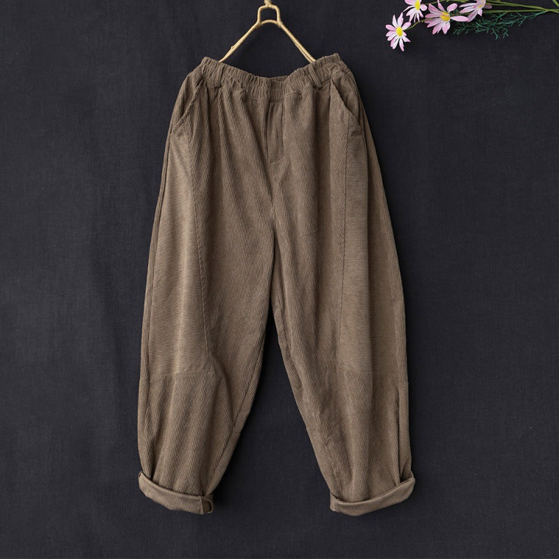 2024 autumn new retro corduroy casual elastic waist loose and thin solid color Harlan trousers women